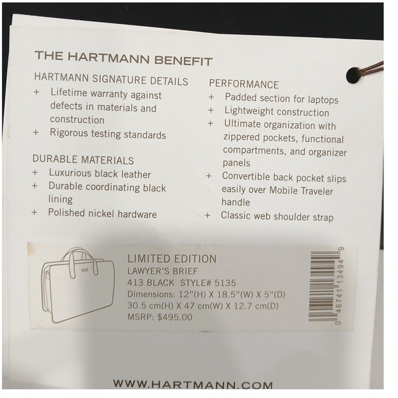 NEW Hartmann Limited Edition Black Leather Laptop Lawyer Briefcase Messenger Bag - Picture 8 of 10